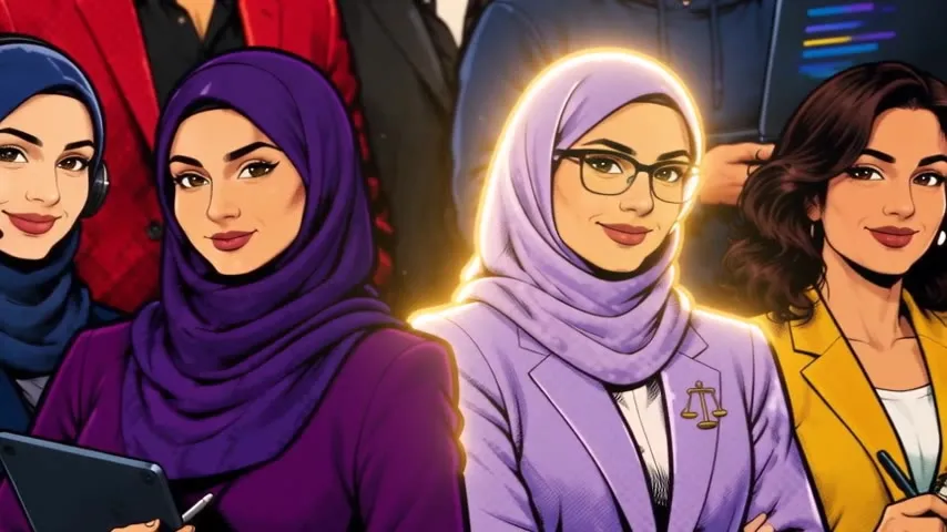 Illustrated ACORP founder and AI employees in a blue-violet scene