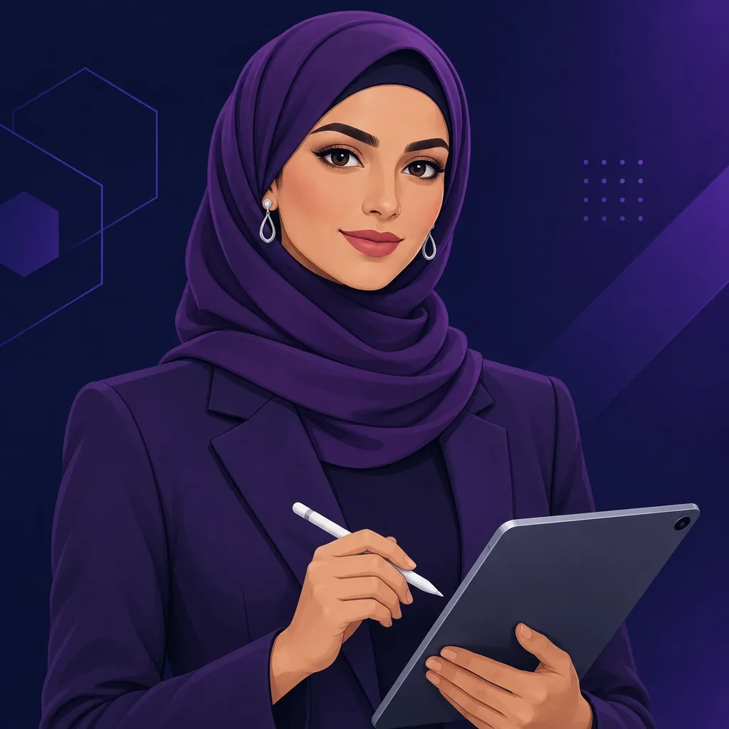 Portrait of Amina, the ACORP executive assistant AI employee, over a dark navy-purple gradient background