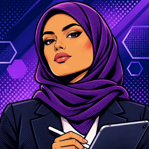 Portrait of Eva, ACORP executive assistant AI employee, comic-book style portrait on a navy-purple halftone background