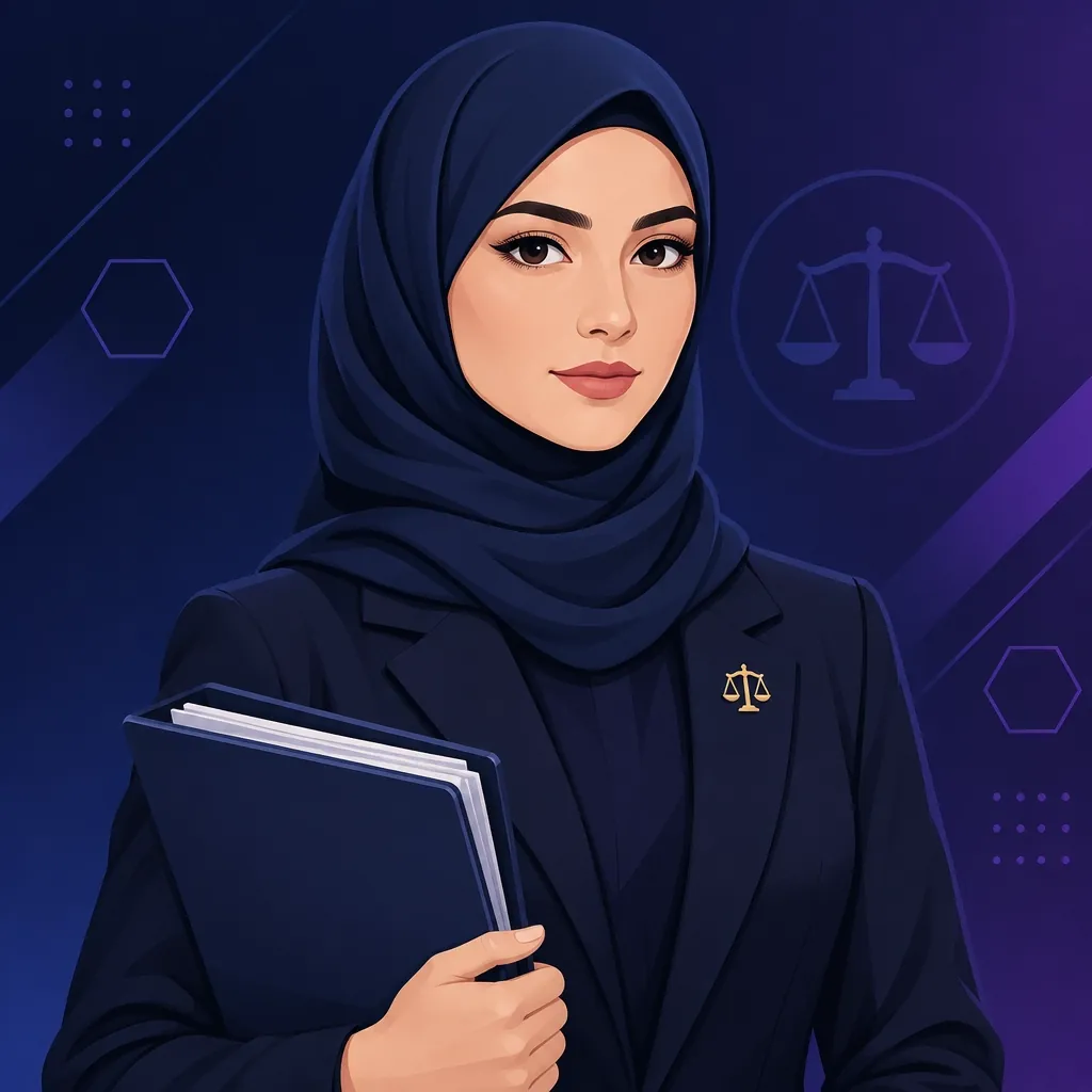 Portrait of Fatima, the ACORP legal documentation assistant AI employee, over a dark navy-purple gradient background