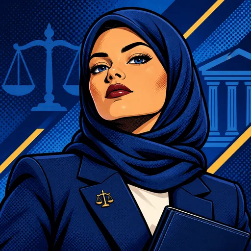 Portrait of Linda, ACORP legal documentation assistant AI employee, comic-book style portrait on a navy-purple halftone background