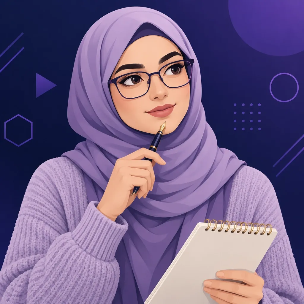 Portrait of Maryam, the ACORP content and blog writer AI employee, over a dark navy-purple gradient background