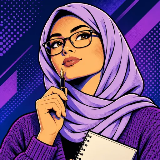 Portrait of Penny, ACORP content and blog writer AI employee, comic-book style portrait on a navy-purple halftone background
