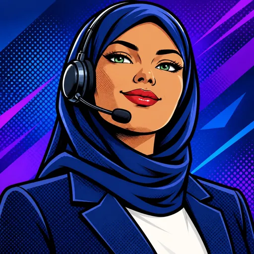 Portrait of Rachel, ACORP AI receptionist, comic-book style portrait on a navy-purple halftone background