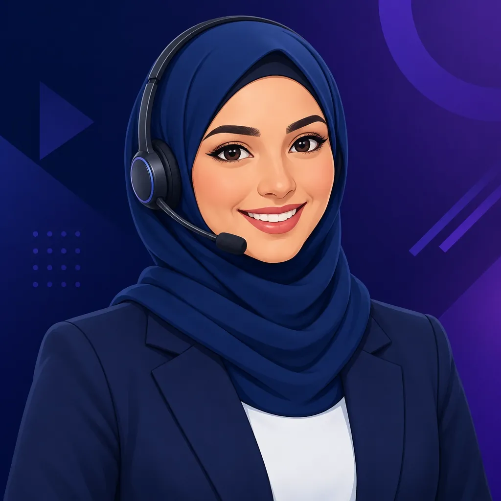 Portrait of Rania, the ACORP AI voice receptionist, over a dark navy-purple gradient background