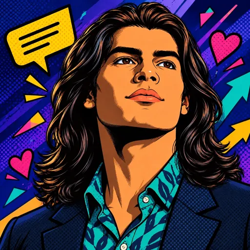 Portrait of Sonny, ACORP social media manager AI employee, comic-book style portrait on a navy-purple halftone background