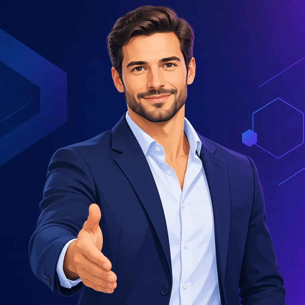 Portrait of Tariq, the ACORP sales associate AI employee, over a dark navy-purple gradient background