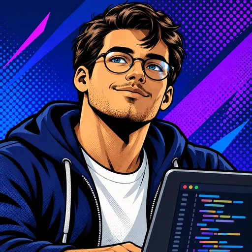 Portrait of Walter, ACORP website builder AI employee, comic-book style portrait on a navy-purple halftone background