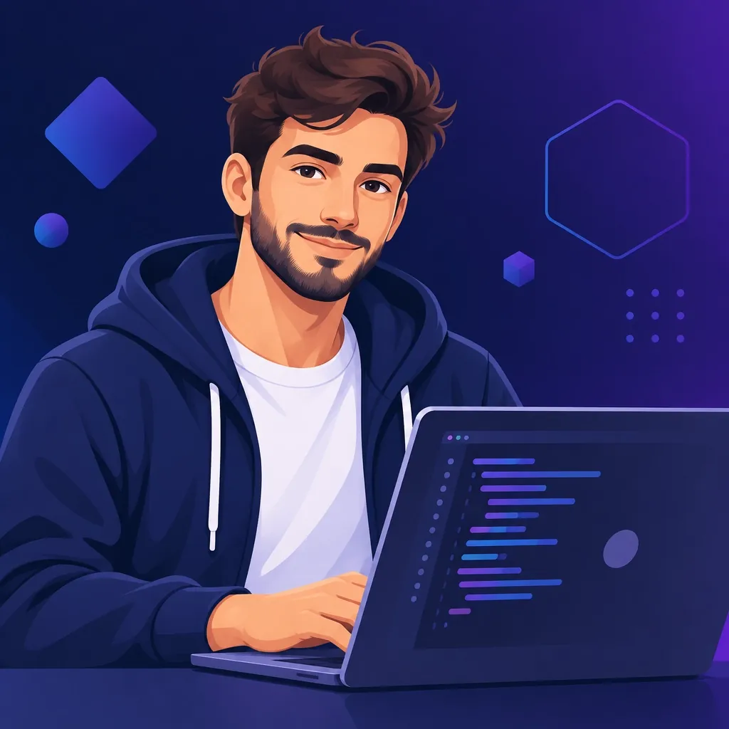 Portrait of Yusuf, the ACORP website builder AI employee, over a dark navy-purple gradient background